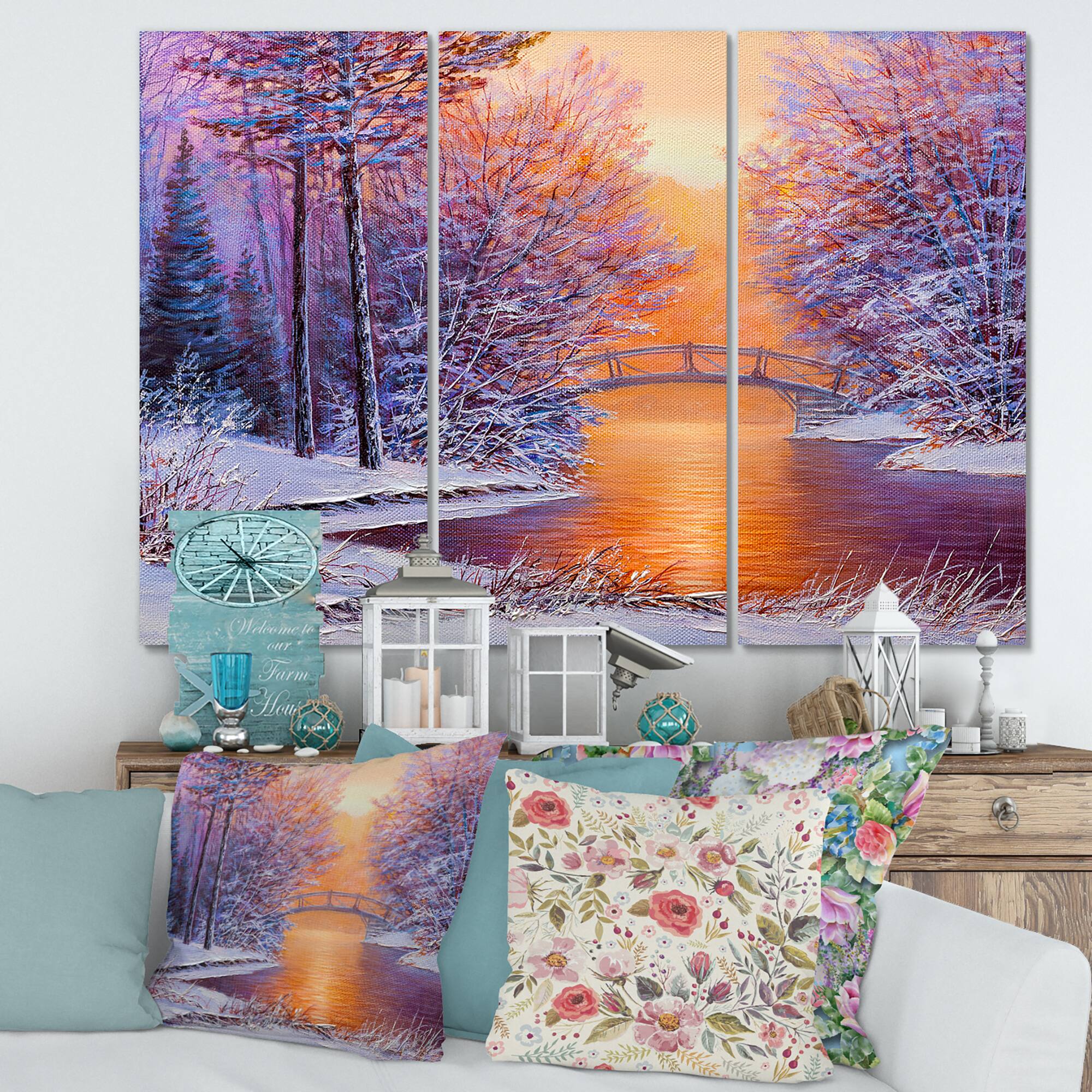 Designart - Bridge Over The River In Winter Landscape